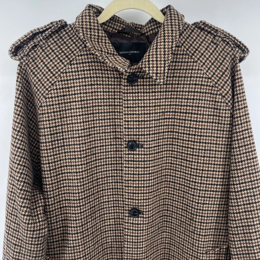 Banana Republic Car Coat Mens XL Brown Houndstooth Epaulet Wool Blend Jacket